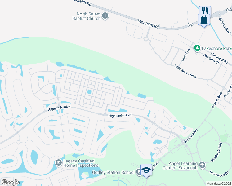 map of restaurants, bars, coffee shops, grocery stores, and more near 20 Greatwood Way in Pooler