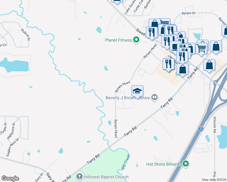 map of restaurants, bars, coffee shops, grocery stores, and more near 130 Byram Parkway in Jackson