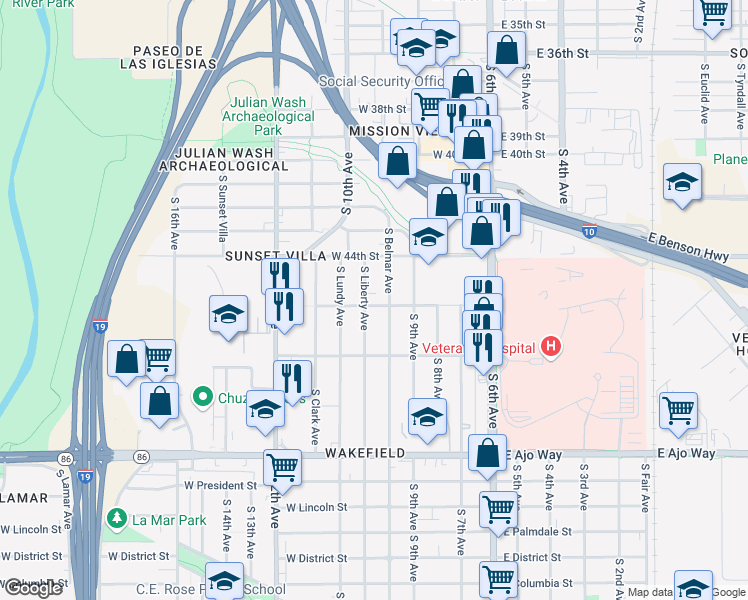 map of restaurants, bars, coffee shops, grocery stores, and more near 324 West Whitestone Place in Tucson