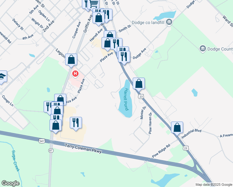 map of restaurants, bars, coffee shops, grocery stores, and more near Freamon Graham Boulevard in Eastman