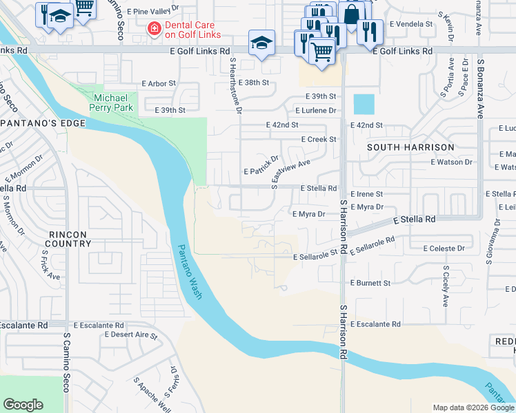 map of restaurants, bars, coffee shops, grocery stores, and more near 9238 East Stella Road in Tucson
