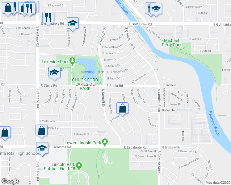 map of restaurants, bars, coffee shops, grocery stores, and more near 8344 East Calexico Street in Tucson