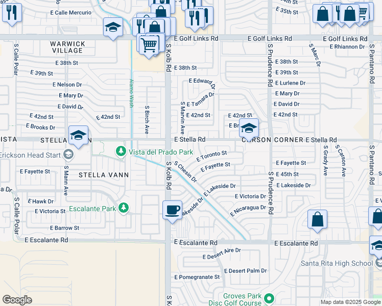 map of restaurants, bars, coffee shops, grocery stores, and more near 3220 South Ames Place in Tucson