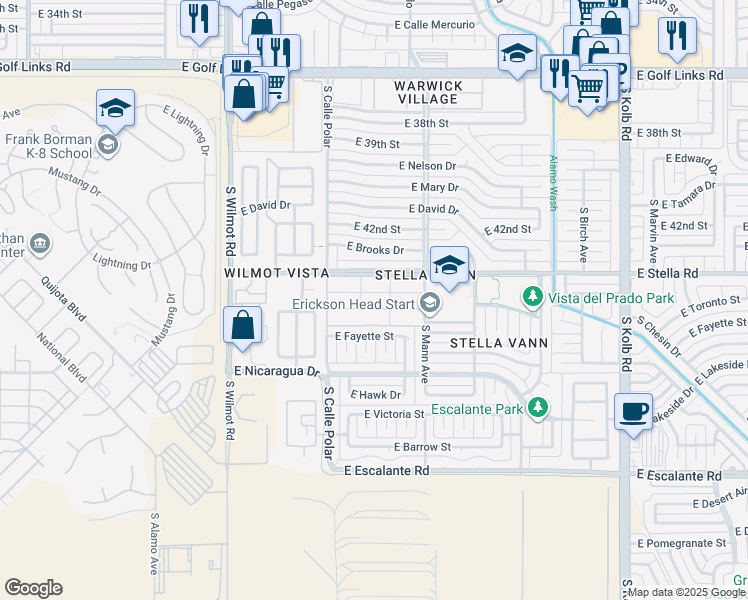 map of restaurants, bars, coffee shops, grocery stores, and more near 6530 East Stella Road in Tucson