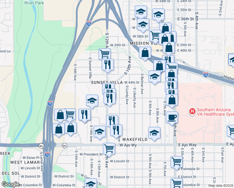 map of restaurants, bars, coffee shops, grocery stores, and more near 3448 South Clark Avenue in Tucson
