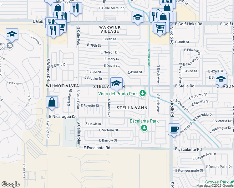 map of restaurants, bars, coffee shops, grocery stores, and more near 6750 East Stella Road in Tucson