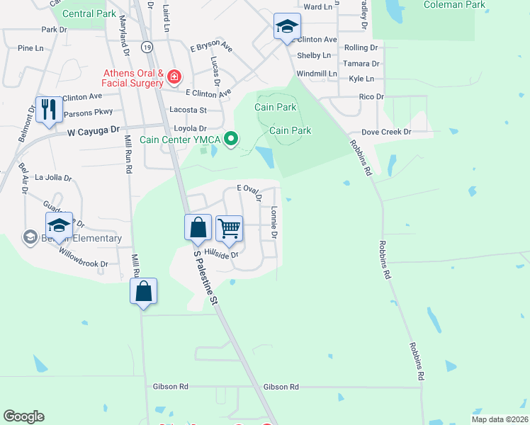 map of restaurants, bars, coffee shops, grocery stores, and more near 1178 East Oval Drive in Athens