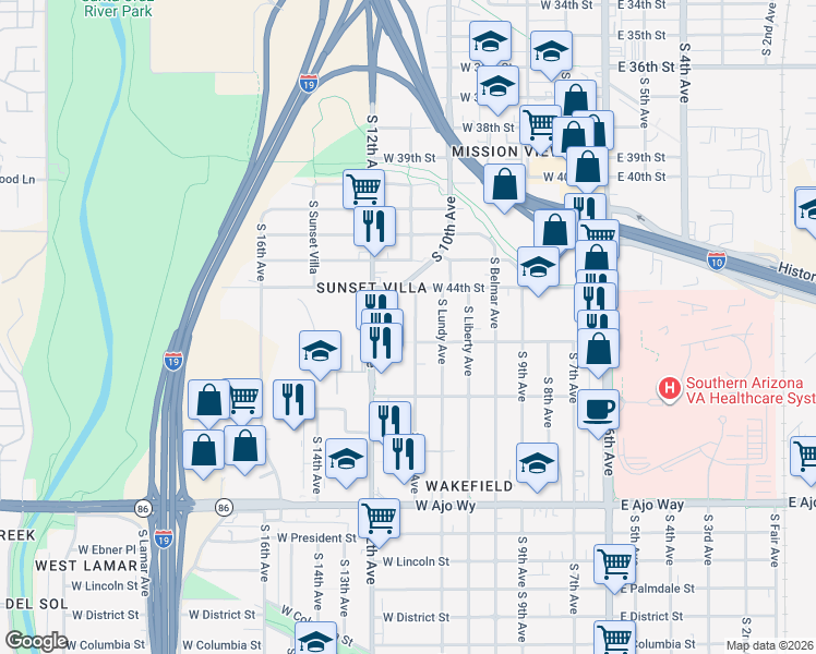 map of restaurants, bars, coffee shops, grocery stores, and more near 3448 South Clark Avenue in Tucson