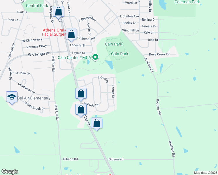 map of restaurants, bars, coffee shops, grocery stores, and more near 1178 East Oval Drive in Athens