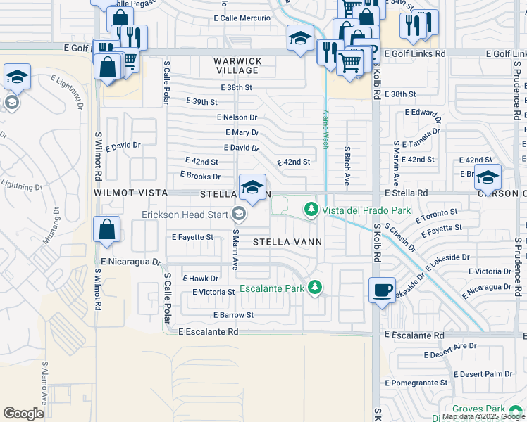 map of restaurants, bars, coffee shops, grocery stores, and more near 6750 East Stella Road in Tucson