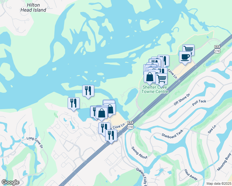 map of restaurants, bars, coffee shops, grocery stores, and more near 10 Newport Drive in Hilton Head Island