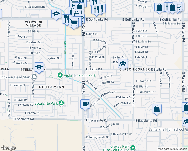 map of restaurants, bars, coffee shops, grocery stores, and more near 3220 South Ames Place in Tucson