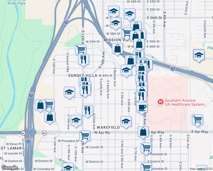 map of restaurants, bars, coffee shops, grocery stores, and more near 3435 South Lundy Avenue in Tucson