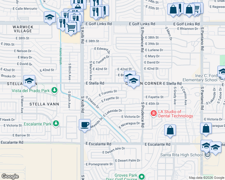 map of restaurants, bars, coffee shops, grocery stores, and more near 7315 East Toronto Street in Tucson