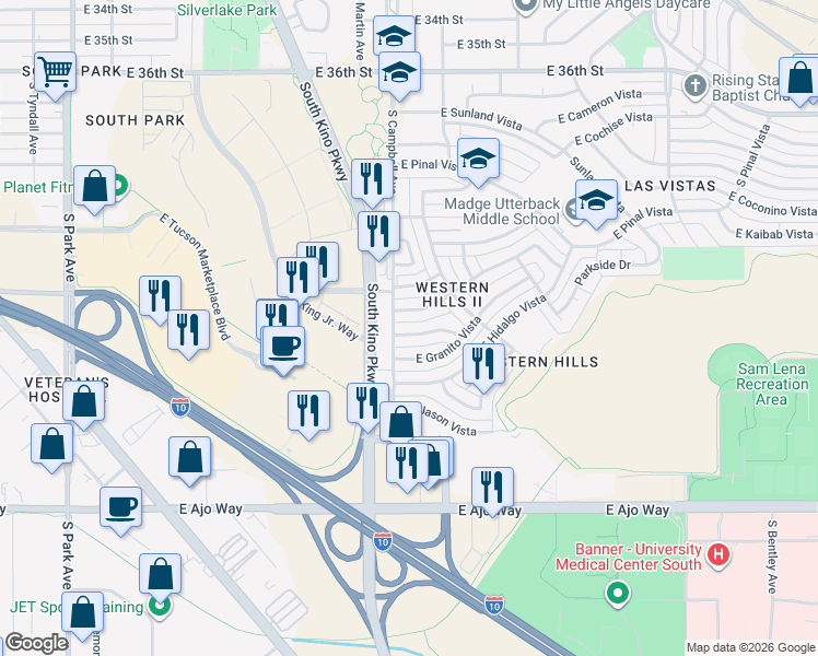 map of restaurants, bars, coffee shops, grocery stores, and more near 1909 East Fayette Vista in Tucson