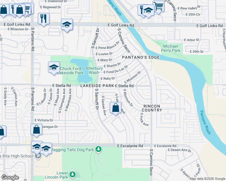 map of restaurants, bars, coffee shops, grocery stores, and more near 8415 East Calexico Street in Tucson
