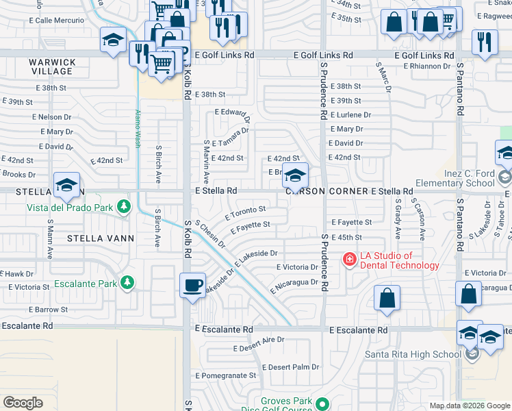 map of restaurants, bars, coffee shops, grocery stores, and more near 7315 East Toronto Street in Tucson