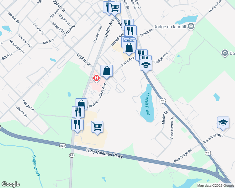 map of restaurants, bars, coffee shops, grocery stores, and more near 1054 Oak Forrest Drive in Eastman