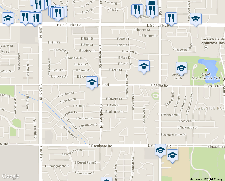 map of restaurants, bars, coffee shops, grocery stores, and more near 7551 East Toronto Street in Tucson