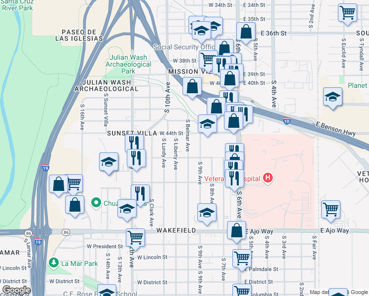 map of restaurants, bars, coffee shops, grocery stores, and more near 3444 South Belmar Avenue in Tucson