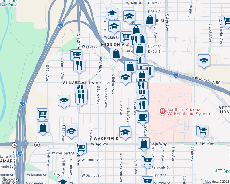 map of restaurants, bars, coffee shops, grocery stores, and more near 3444 South Belmar Avenue in Tucson