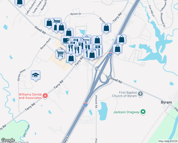 map of restaurants, bars, coffee shops, grocery stores, and more near 1217 P Holmes Road in Byram
