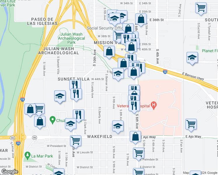 map of restaurants, bars, coffee shops, grocery stores, and more near 3444 South Belmar Avenue in Tucson