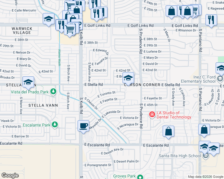 map of restaurants, bars, coffee shops, grocery stores, and more near 7315 E Toronto St in Tucson