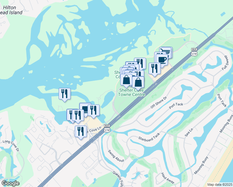 map of restaurants, bars, coffee shops, grocery stores, and more near 5 Newport Drive in Hilton Head Island