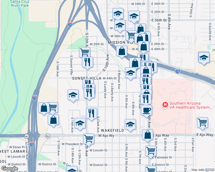 map of restaurants, bars, coffee shops, grocery stores, and more near 3435 South Lundy Avenue in Tucson