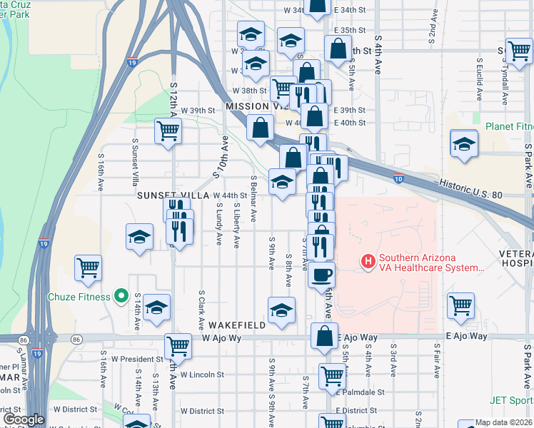 map of restaurants, bars, coffee shops, grocery stores, and more near 3415 South 9th Avenue in Tucson