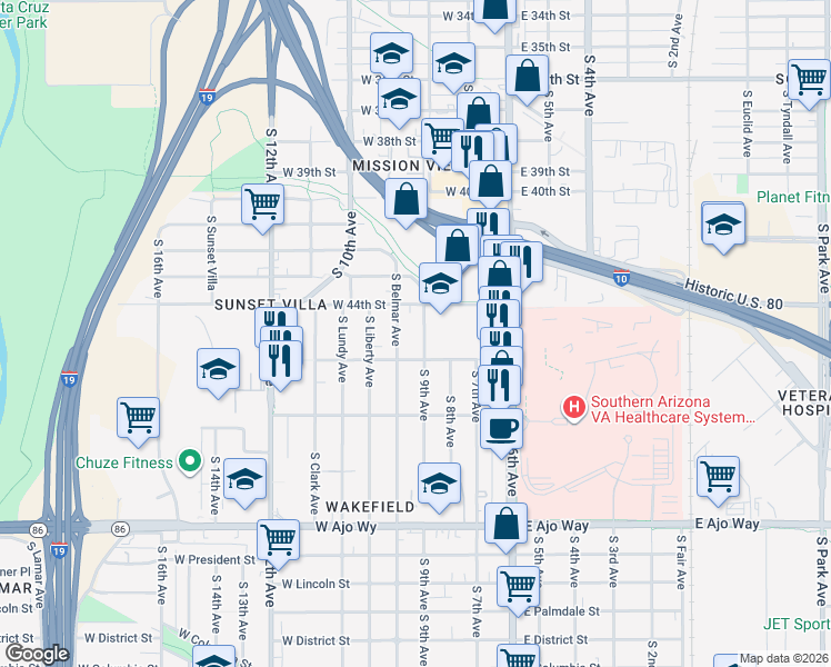 map of restaurants, bars, coffee shops, grocery stores, and more near 3415 South 9th Avenue in Tucson