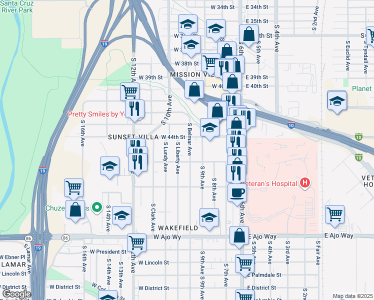 map of restaurants, bars, coffee shops, grocery stores, and more near 3444 South Belmar Avenue in Tucson