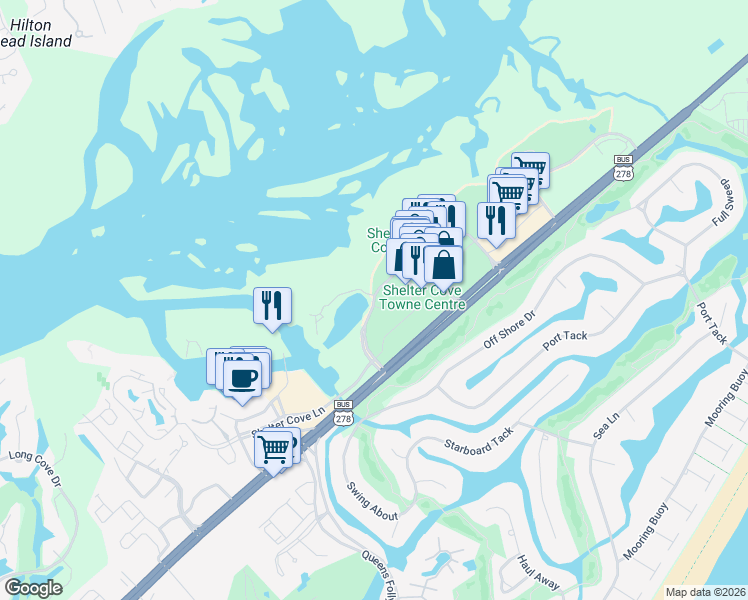 map of restaurants, bars, coffee shops, grocery stores, and more near 5 Newport Drive in Hilton Head Island
