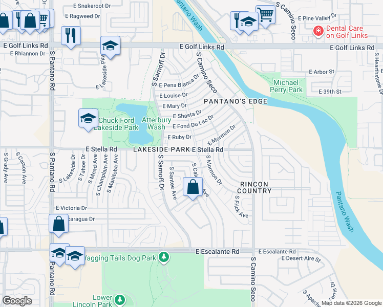 map of restaurants, bars, coffee shops, grocery stores, and more near 8415 East Calexico Street in Tucson