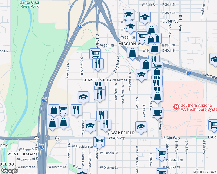 map of restaurants, bars, coffee shops, grocery stores, and more near 3448 South Clark Avenue in Tucson