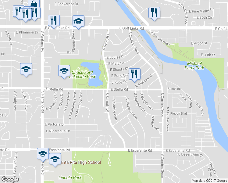 map of restaurants, bars, coffee shops, grocery stores, and more near 8320 East Stella Road in Tucson