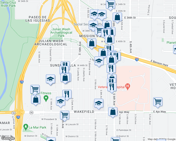 map of restaurants, bars, coffee shops, grocery stores, and more near 3432 South Belmar Avenue in Tucson