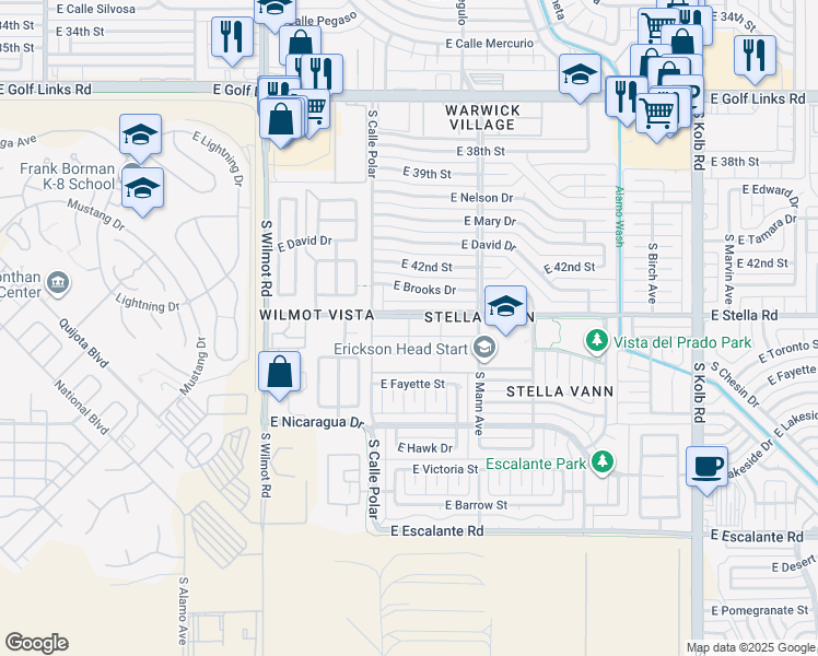 map of restaurants, bars, coffee shops, grocery stores, and more near 6530 East Stella Road in Tucson