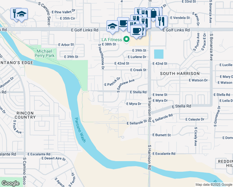 map of restaurants, bars, coffee shops, grocery stores, and more near 9238 East Stella Road in Tucson