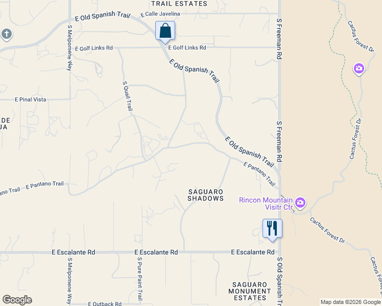map of restaurants, bars, coffee shops, grocery stores, and more near 11590 East Pantano Trail in Tucson