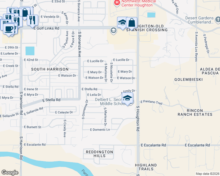 map of restaurants, bars, coffee shops, grocery stores, and more near 10114 East Stella Road in Tucson