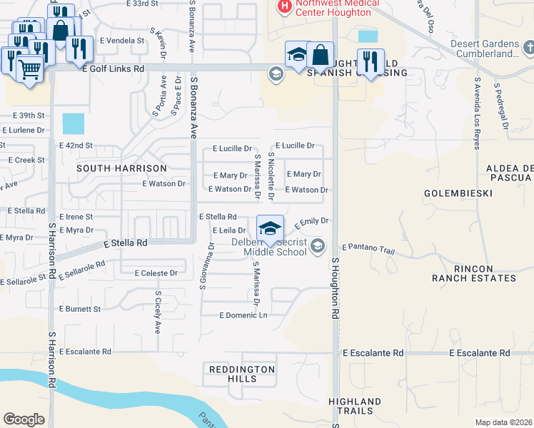 map of restaurants, bars, coffee shops, grocery stores, and more near 10114 East Stella Road in Tucson
