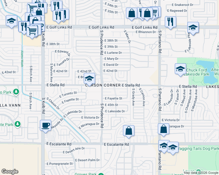 map of restaurants, bars, coffee shops, grocery stores, and more near 7551 East Toronto Street in Tucson