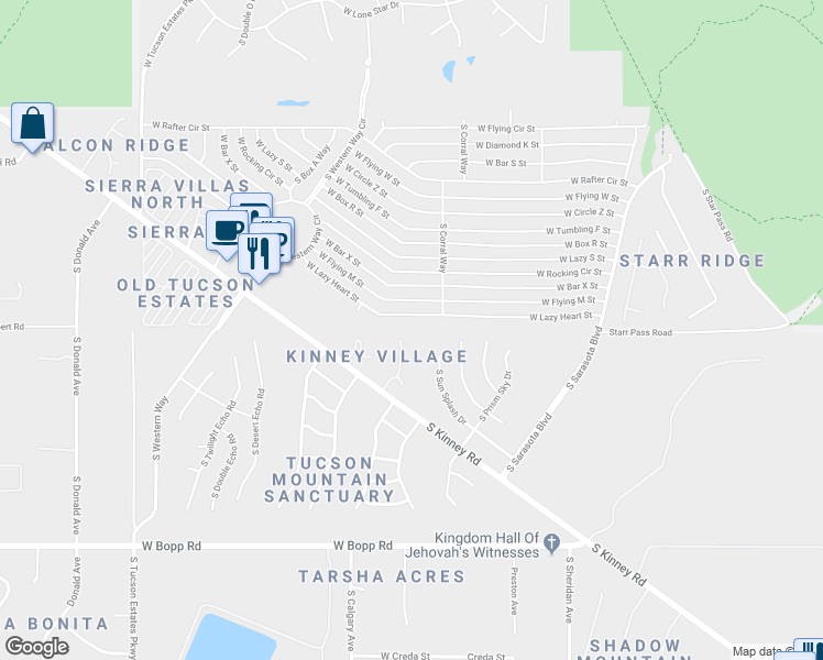 map of restaurants, bars, coffee shops, grocery stores, and more near 3221 South Treasure Cove Place in Tucson