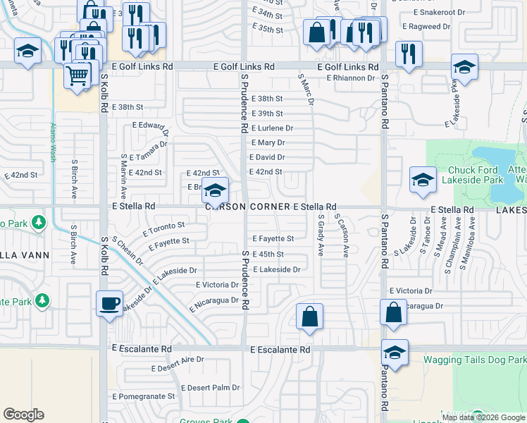 map of restaurants, bars, coffee shops, grocery stores, and more near 7551 East Toronto Street in Tucson
