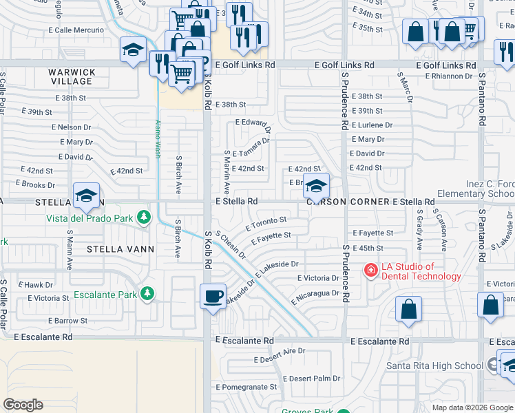 map of restaurants, bars, coffee shops, grocery stores, and more near 3225 South Charlotte Avenue in Tucson