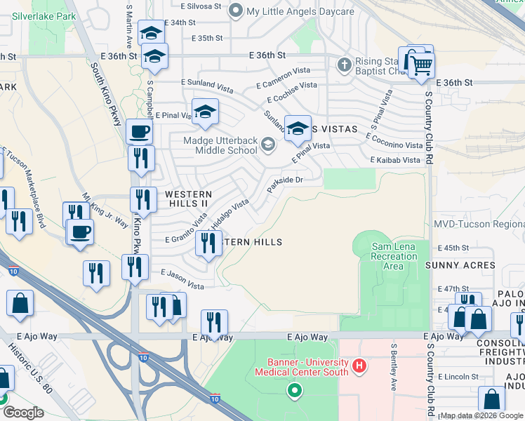 map of restaurants, bars, coffee shops, grocery stores, and more near 3338 South Lloyd Vista in Tucson