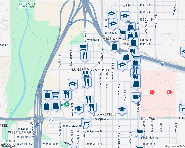 map of restaurants, bars, coffee shops, grocery stores, and more near 3448 South Clark Avenue in Tucson