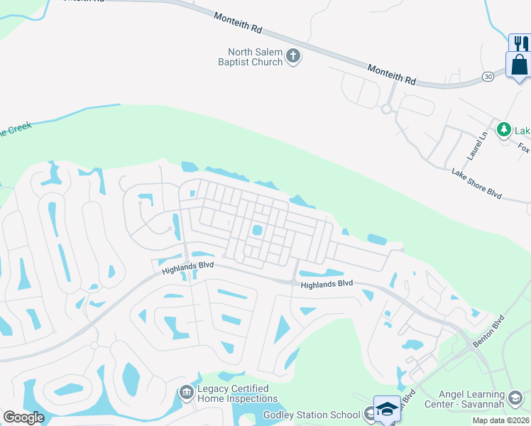 map of restaurants, bars, coffee shops, grocery stores, and more near 61 Ashleigh Lane in Pooler
